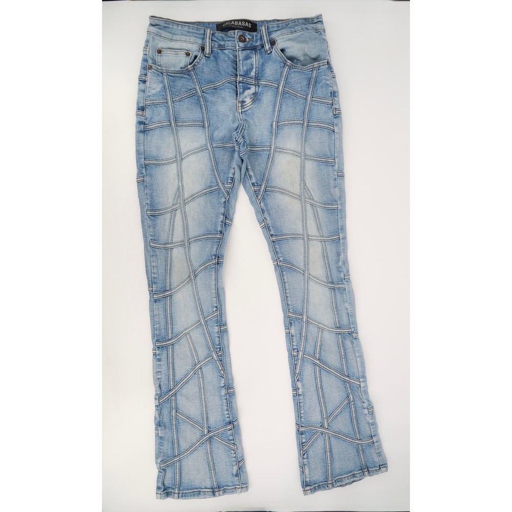 Valabasas Patchwork Jeans Men 32 Blue Button Fly Streetwear Denim Stacked Flared - Picture 2 of 14